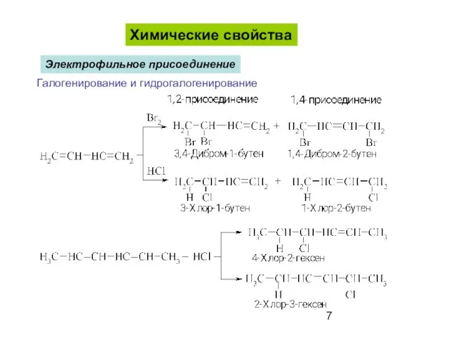 Химические свойства Галогенирование и гидрогалогенирование Электрофильное присоединение