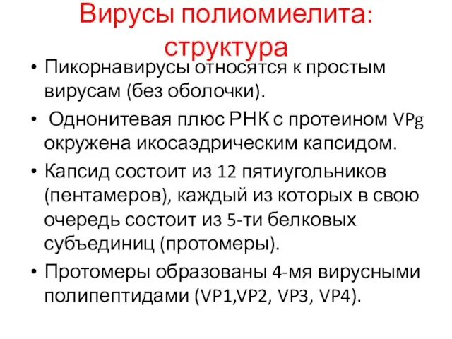 Вирусы полиомиелита: структура Пикорнавирусы относятся к простым вирусам (без оболочки). Однонитевая