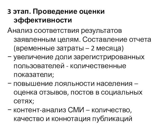 3 этап. Проведение оценки эффективности Анализ соответствия результатов заявленным целям. Составление