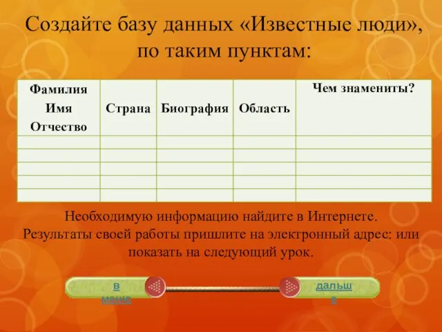 Необходимую информацию найдите в Интернете. Результаты своей работы пришлите на электронный