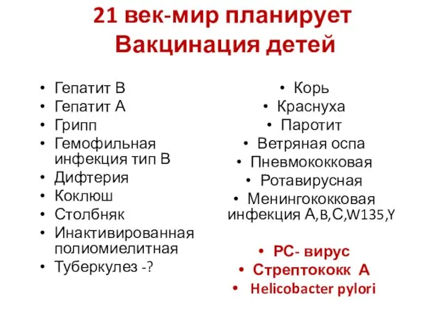 21 век-мир планирует Вакцинация детей Гепатит В Гепатит А Грипп Гемофильная