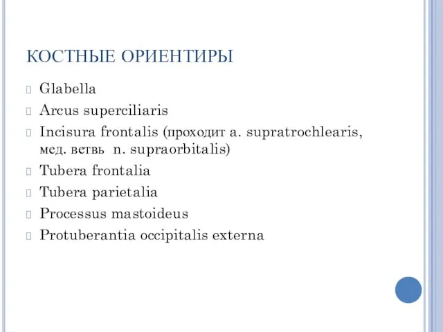 КОСТНЫЕ ОРИЕНТИРЫ Glabella Arcus superciliaris Incisura frontalis (проходит a. supratrochlearis, мед.