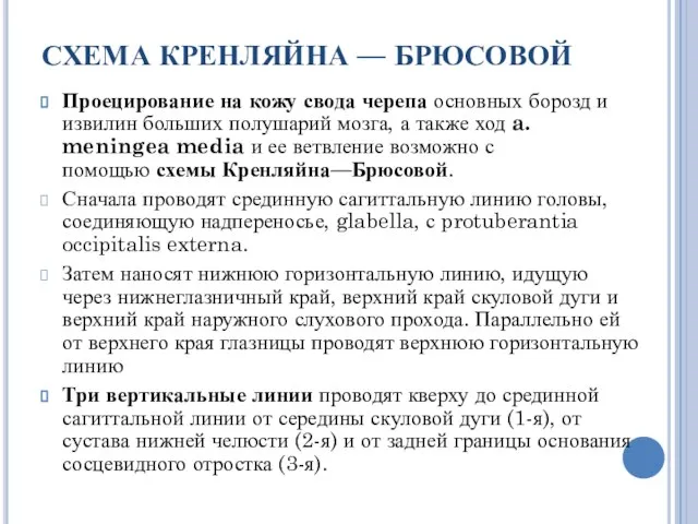 СХЕМА КРЕНЛЯЙНА — БРЮСОВОЙ Проецирование на кожу свода черепа основных борозд