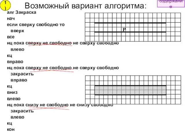 Возможный вариант алгоритма: алг Закраска нач если сверху свободно то вверх