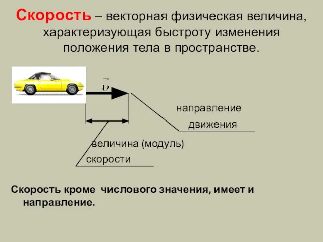 Скорость – векторная физическая величина, характеризующая быстроту изменения положения тела в