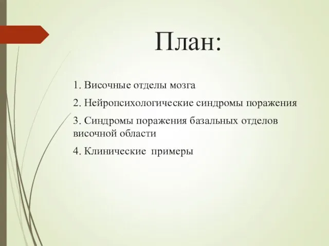 План: 1. Височные отделы мозга 2. Нейропсихологические синдромы поражения 3. Синдромы