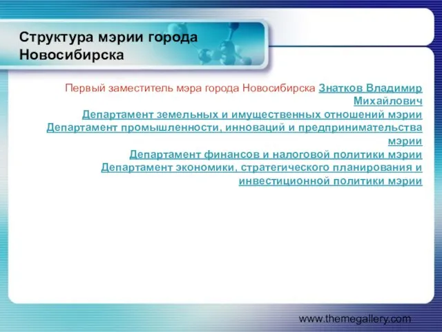 www.themegallery.com Структура мэрии города Новосибирска Первый заместитель мэра города Новосибирска Знатков
