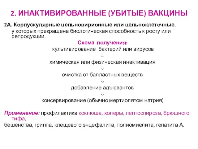 2. ИНАКТИВИРОВАННЫЕ (УБИТЫЕ) ВАКЦИНЫ 2А. Корпускулярные цельновирионные или цельноклеточные, у которых