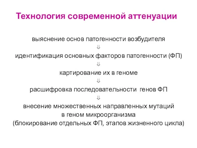 Технология современной аттенуации выяснение основ патогенности возбудителя ⇓ идентификация основных факторов