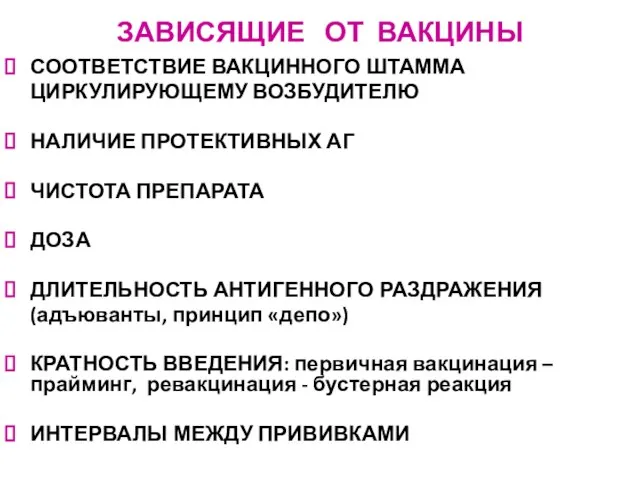 ЗАВИСЯЩИЕ ОТ ВАКЦИНЫ СООТВЕТСТВИЕ ВАКЦИННОГО ШТАММА ЦИРКУЛИРУЮЩЕМУ ВОЗБУДИТЕЛЮ НАЛИЧИЕ ПРОТЕКТИВНЫХ АГ