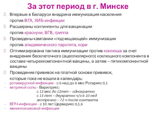 За этот период в г. Минске Впервые в Беларуси внедрена иммунизация