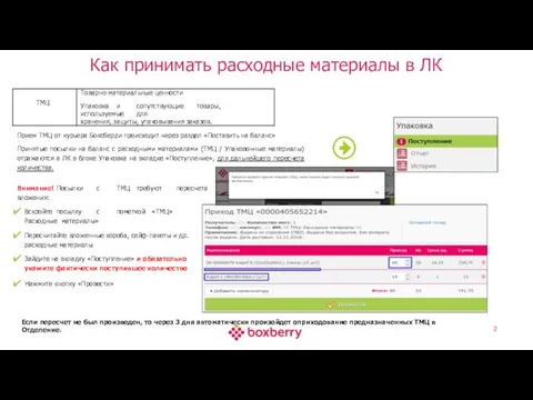 Как принимать расходные материалы в ЛК Прием ТМЦ от курьера Боксберри