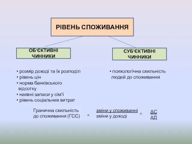 РІВЕНЬ СПОЖИВАННЯ ОБ'ЄКТИВНІ ЧИННИКИ СУБ’ЄКТИВНІ ЧИННИКИ розмір доході та їх розподіл