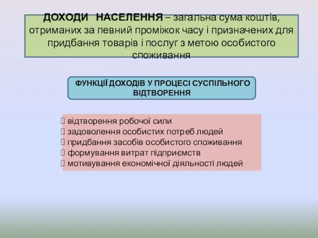 ДОХОДИ НАСЕЛЕННЯ – загальна сума коштів, отриманих за певний проміжок часу