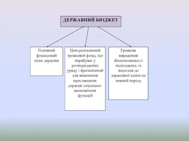 ДЕРЖАВНИЙ БЮДЖЕТ Головний фінансовий план держави Централізований грошовий фонд, що перебуває