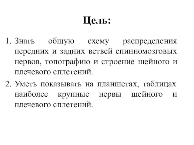 Цель: Знать общую схему распределения передних и задних ветвей спинномозговых нервов,