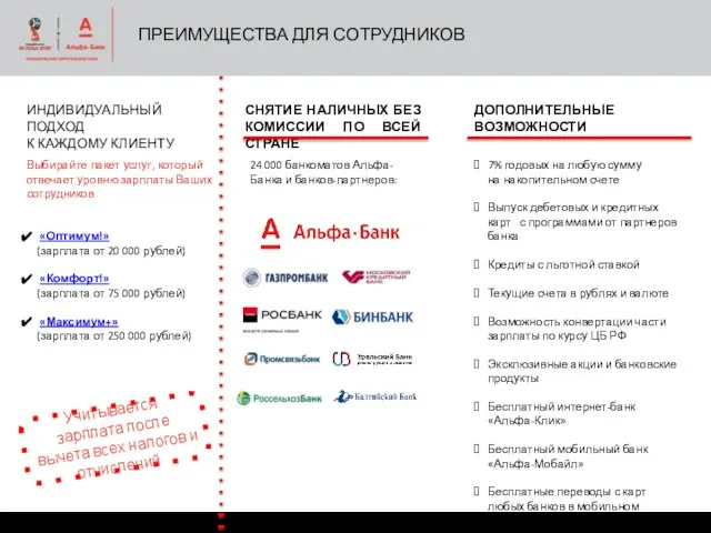 ПРЕИМУЩЕСТВА ДЛЯ СОТРУДНИКОВ ИНДИВИДУАЛЬНЫЙ ПОДХОД К КАЖДОМУ КЛИЕНТУ Выбирайте пакет услуг,