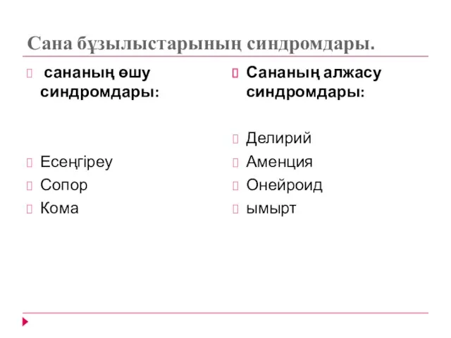 Сана бұзылыстарының синдромдары. сананың өшу синдромдары: Есеңгіреу Сопор Кома Сананың алжасу синдромдары: Делирий Аменция Онейроид ымырт