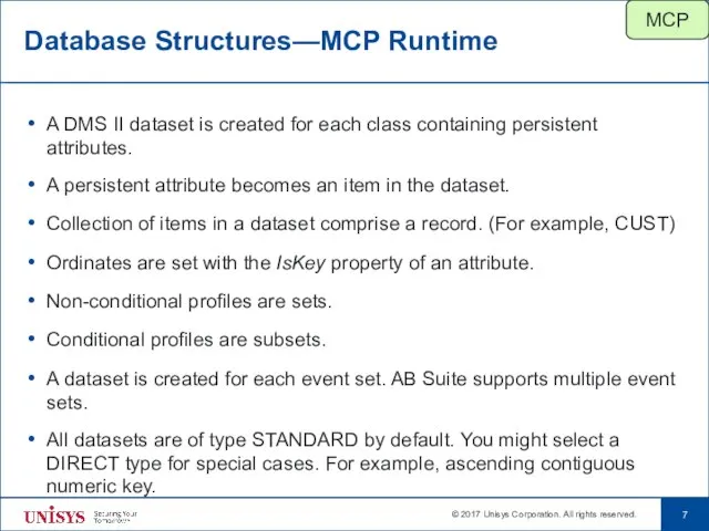 Database Structures—MCP Runtime A DMS II dataset is created for each