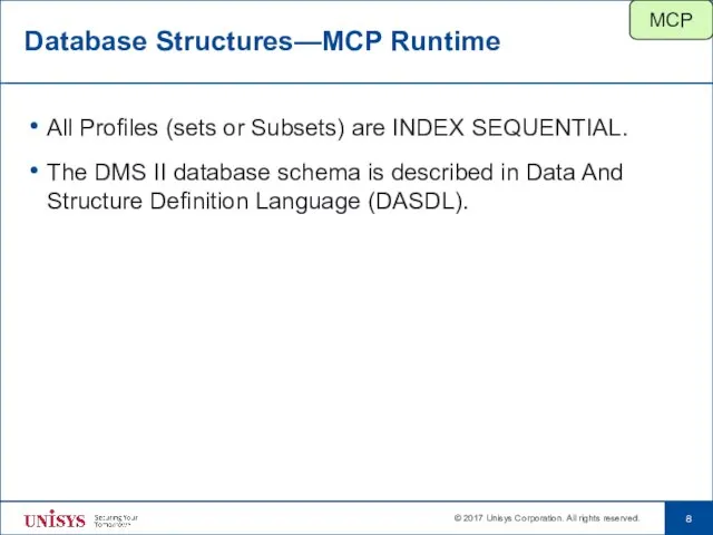 Database Structures—MCP Runtime All Profiles (sets or Subsets) are INDEX SEQUENTIAL.