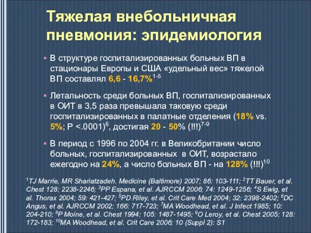 Тяжелая внебольничная пневмония: эпидемиология В структуре госпитализированных больных ВП в стационары