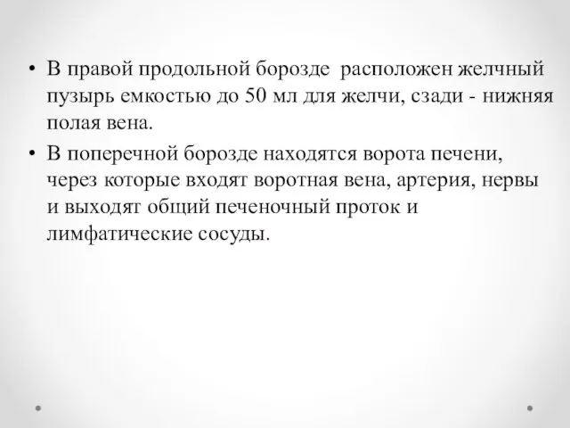 В правой продольной борозде расположен желчный пузырь емкостью до 50 мл