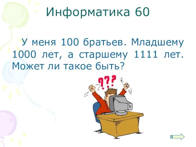 Информатика 60 У меня 100 братьев. Младшему 1000 лет, а старшему