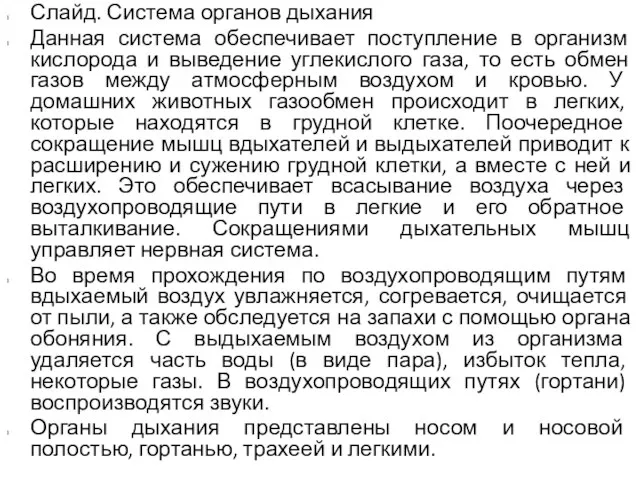 Слайд. Система органов дыхания Данная система обеспечивает поступление в организм кислорода