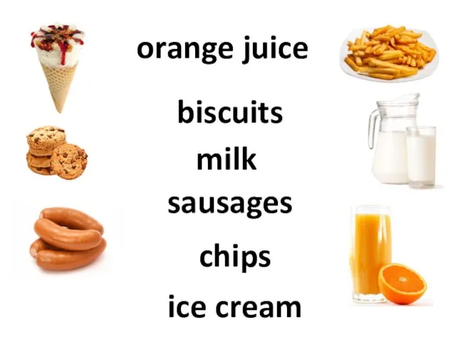 orange juice biscuits milk sausages chips ice cream