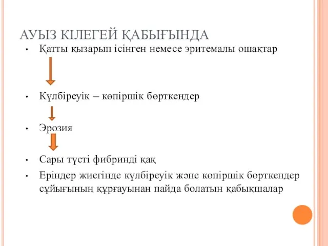 АУЫЗ КІЛЕГЕЙ ҚАБЫҒЫНДА Қатты қызарып ісінген немесе эритемалы ошақтар Күлбіреуік –