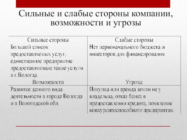 Сильные и слабые стороны компании, возможности и угрозы