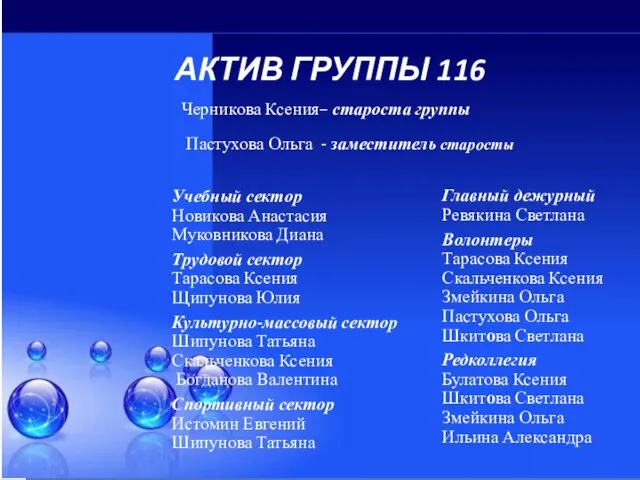 АКТИВ ГРУППЫ 116 Учебный сектор Новикова Анастасия Муковникова Диана Трудовой сектор