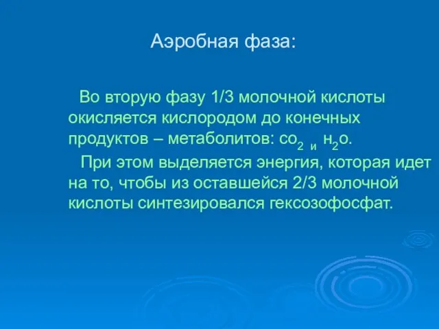 Аэробная фаза: Во вторую фазу 1/3 молочной кислоты окисляется кислородом до