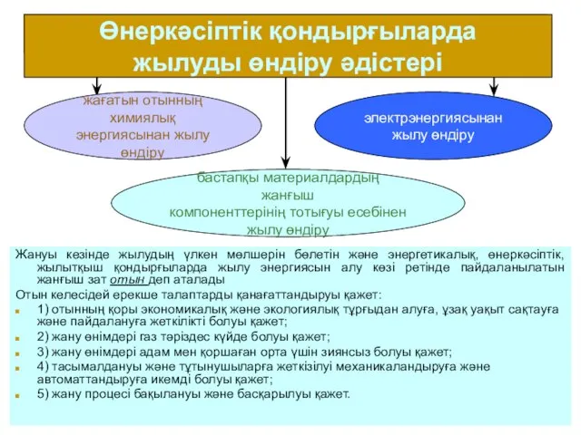 Жануы кезінде жылудың үлкен мөлшерін бөлетін және энергетикалық, өнеркәсіптік, жылытқыш қондырғыларда