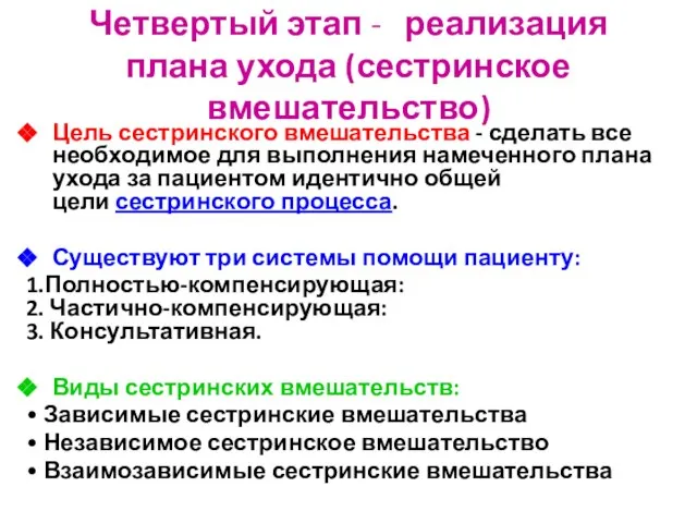 Четвертый этап - реализация плана ухода (сестринское вмешательство) Цель сестринского вмешательства