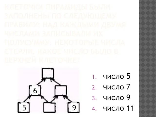 КЛЕТОЧКИ ПИРАМИДЫ БЫЛИ ЗАПОЛНЕНЫ ПО СЛЕДУЮЩЕМУ ПРАВИЛУ: НАД КАЖДЫМИ ДВУМЯ ЧИСЛАМИ