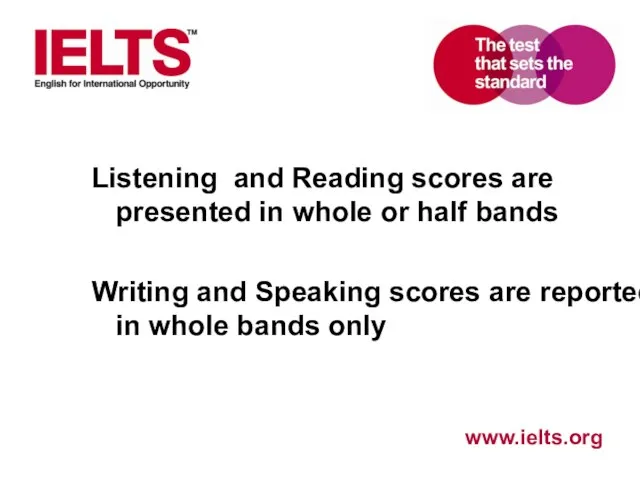 Listening and Reading scores are presented in whole or half bands