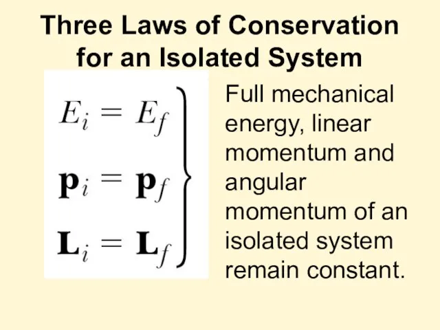 Three Laws of Conservation for an Isolated System Full mechanical energy,