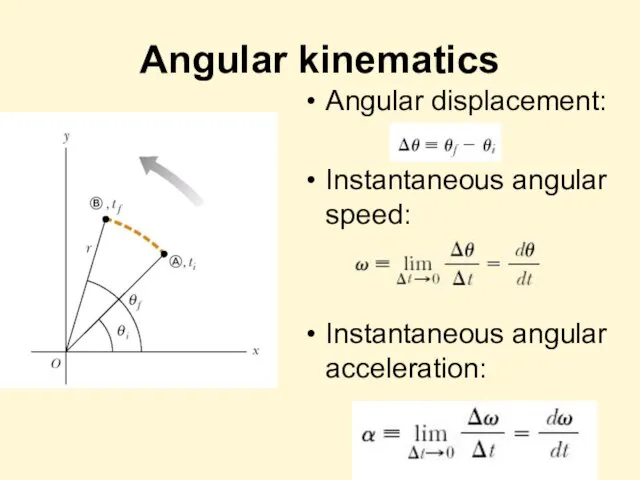 Angular kinematics Angular displacement: Instantaneous angular speed: Instantaneous angular acceleration: