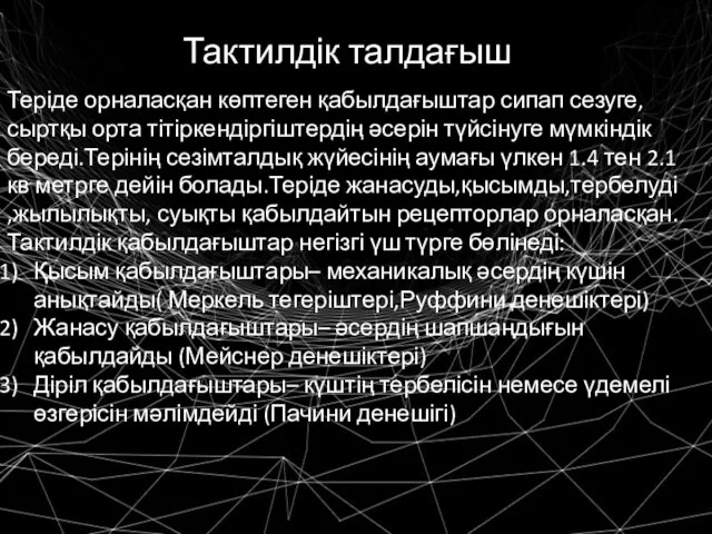 Тактилдік талдағыш Теріде орналасқан көптеген қабылдағыштар сипап сезуге, сыртқы орта тітіркендіргіштердің