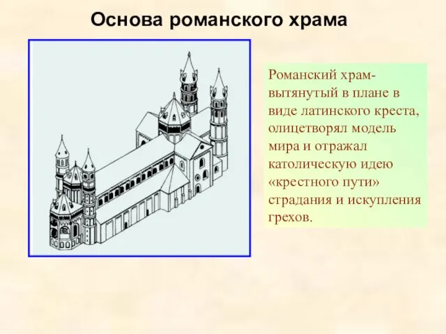 Основа романского храма Романский храм- вытянутый в плане в виде латинского