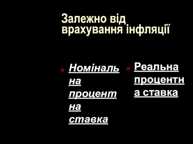 Залежно від врахування інфляції Номінальна процентна ставка Реальна процентна ставка