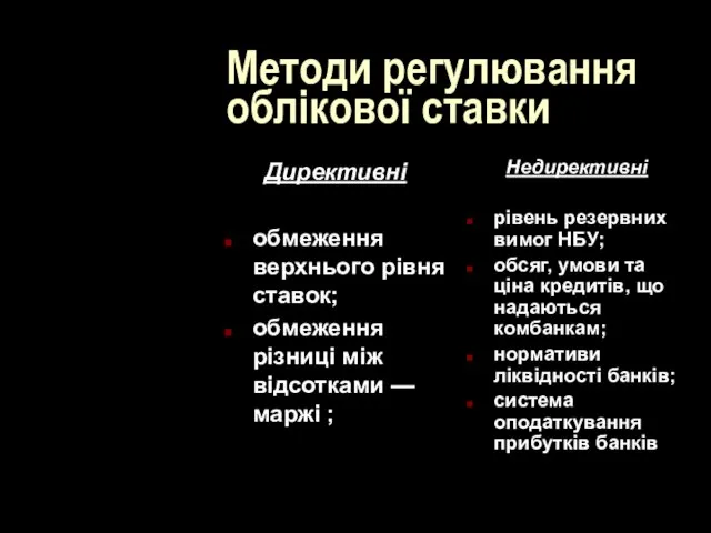 Методи регулювання облікової ставки Директивні обмеження верхнього рівня ставок; обмеження різниці