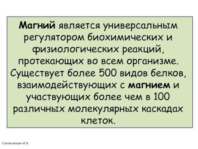 Магний является универсальным регулятором биохимических и физиологических реакций, протекающих во всем