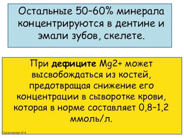 Остальные 50–60% минерала концентрируются в дентине и эмали зубов, скелете. При