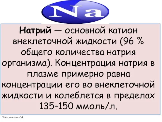 Натрий — основной катион внеклеточной жидкости (96 % общего количества натрия