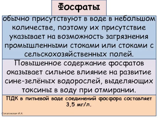 Фосфаты обычно присутствуют в воде в небольшом количестве, поэтому их присутствие