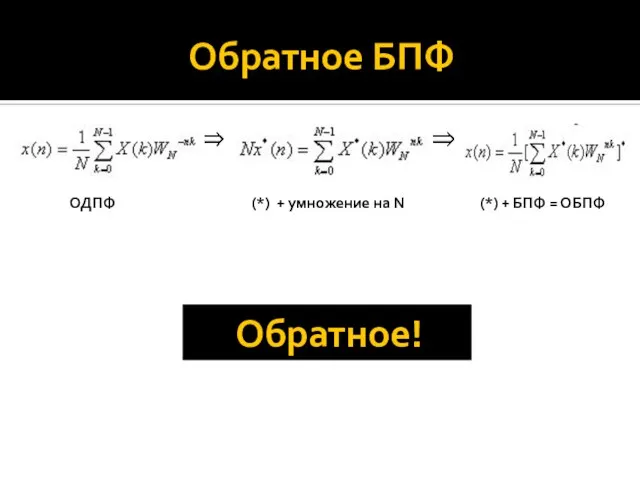 Обратное БПФ ОДПФ (*) + умножение на N (*) + БПФ = ОБПФ Обратное!