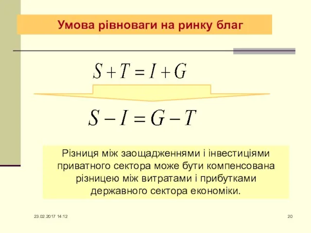 Умова рівноваги на ринку благ Різниця між заощадженнями і інвестиціями приватного