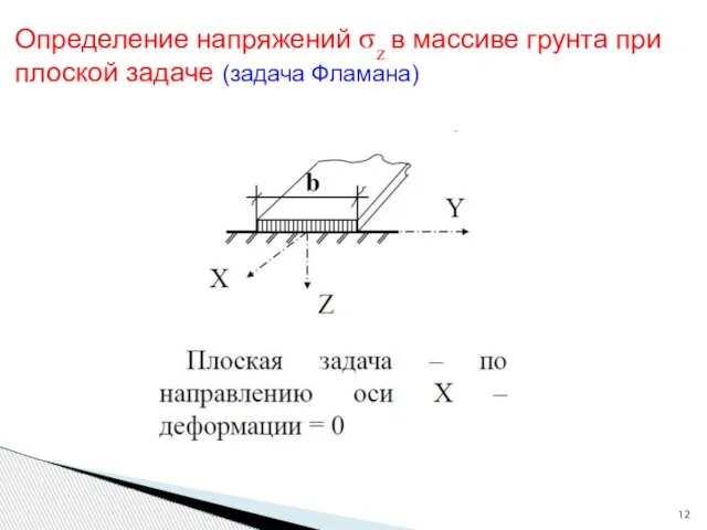 Определение напряжений σz в массиве грунта при плоской задаче (задача Фламана)